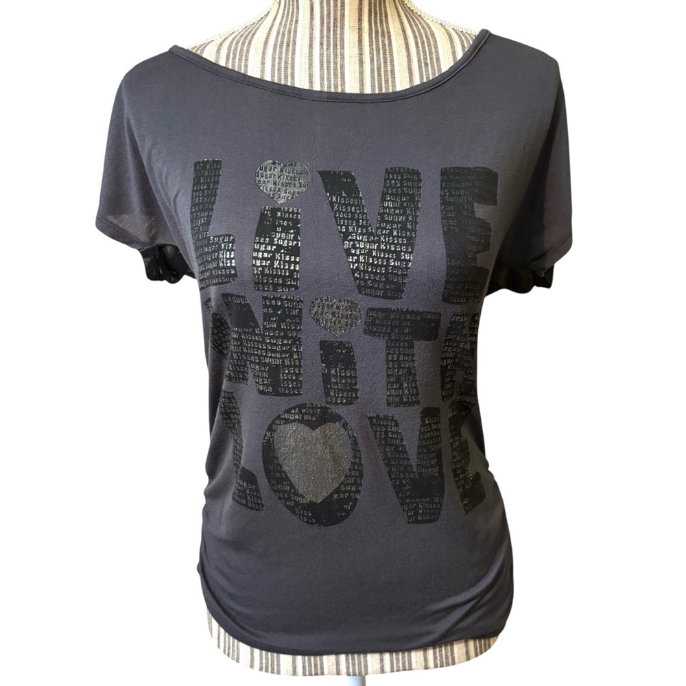 “Live With Love” Tee Large Charcoal Grey Graphic Metallic Black Sheer Back